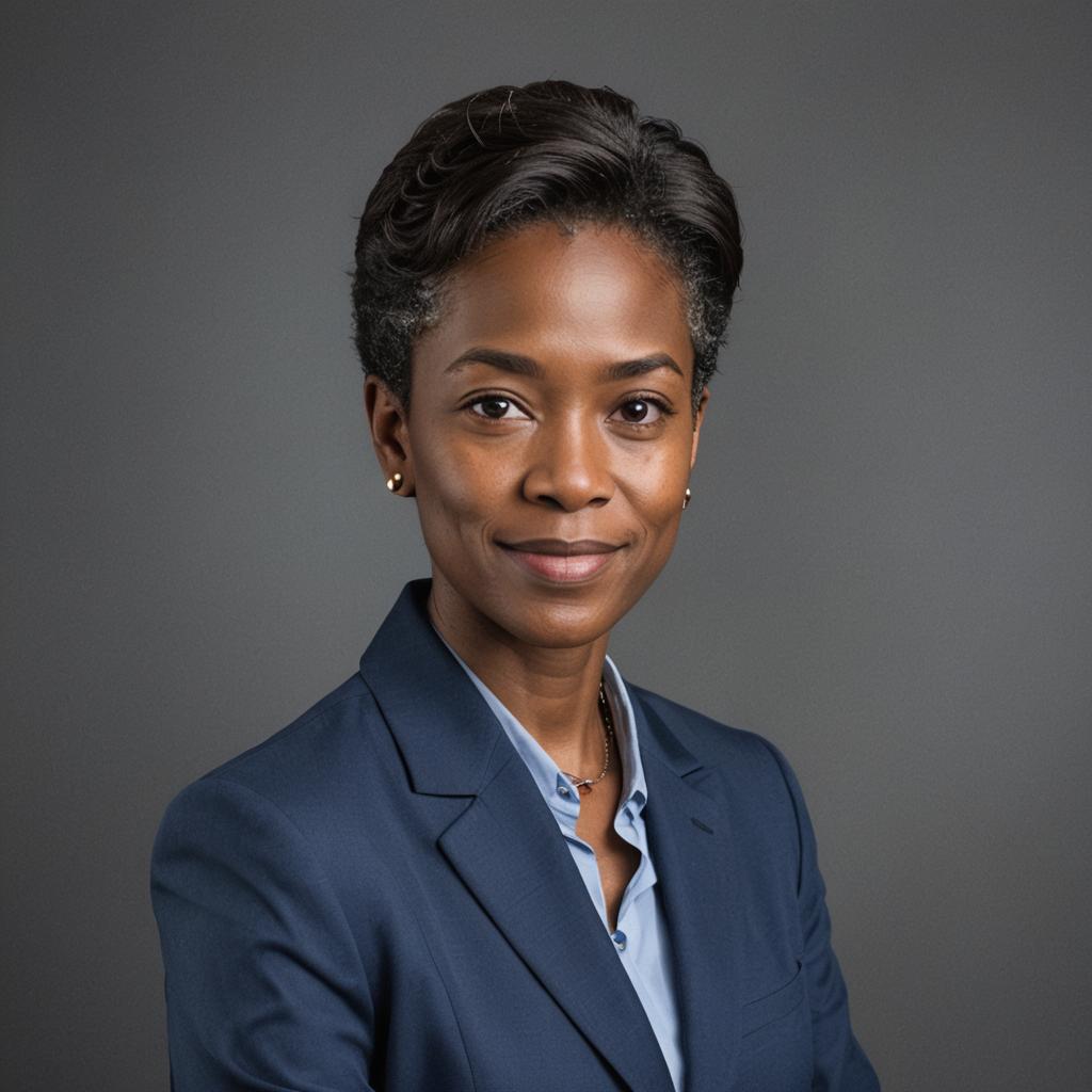 professional headshot with black background and blue suit