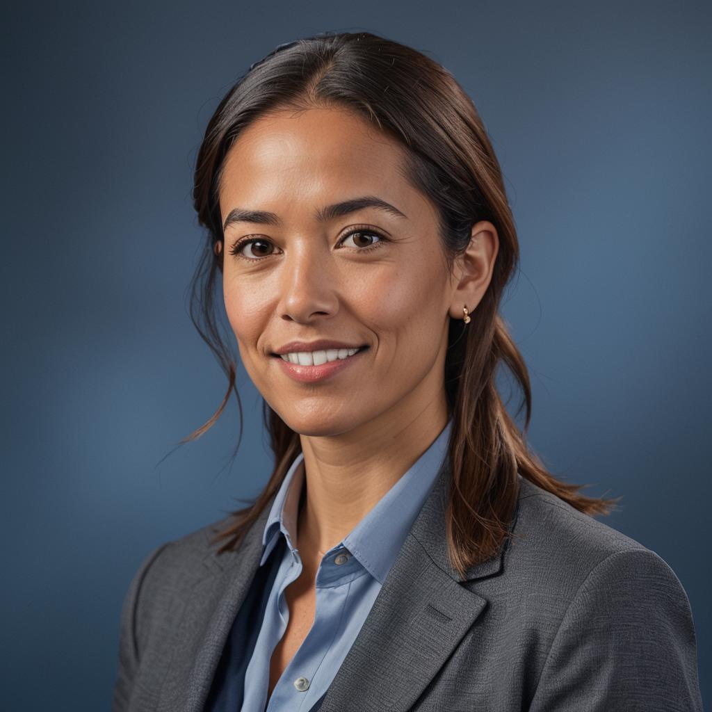 professional headshot with deep blue background