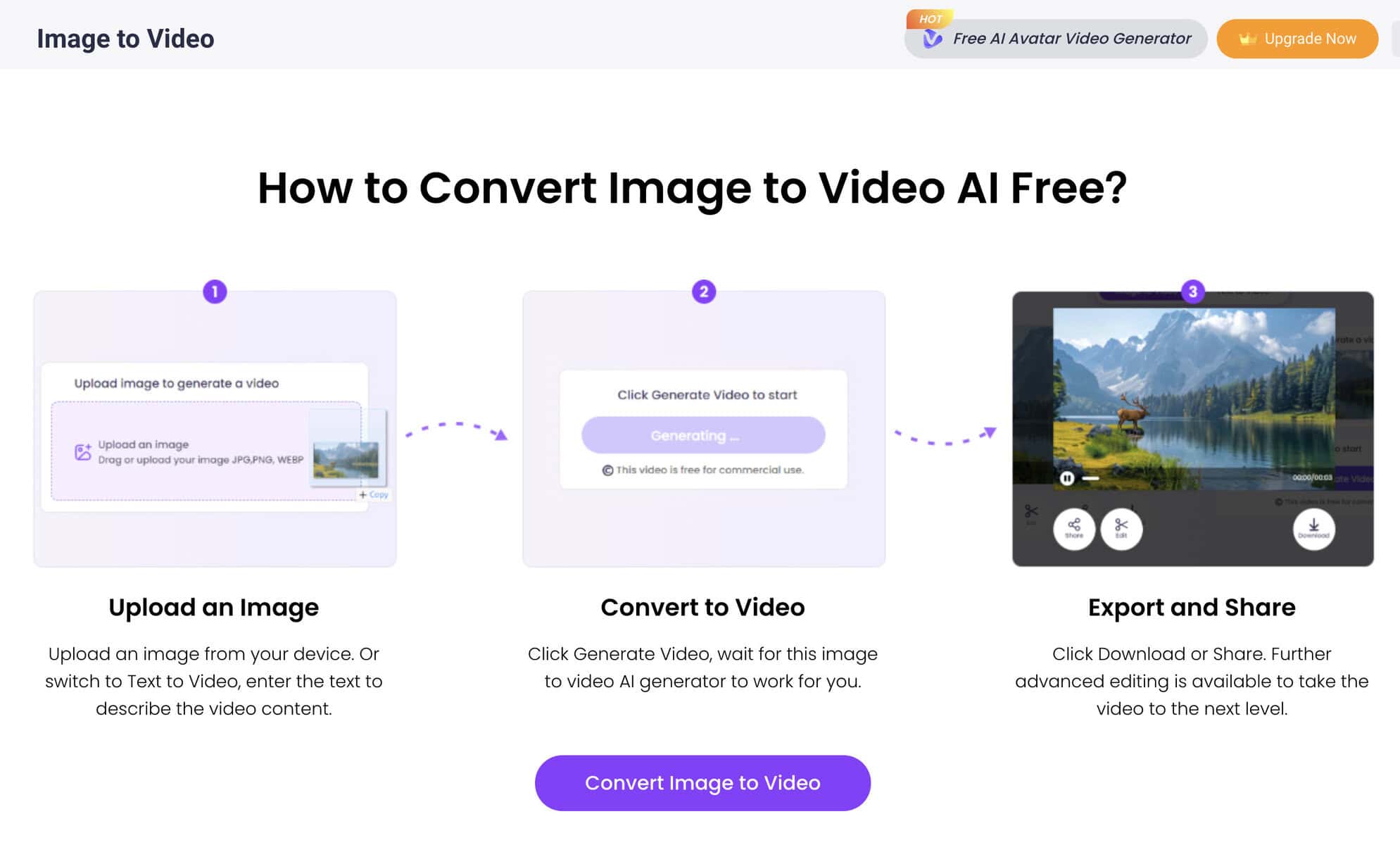 Conversion process of image to video using Vidnoz
